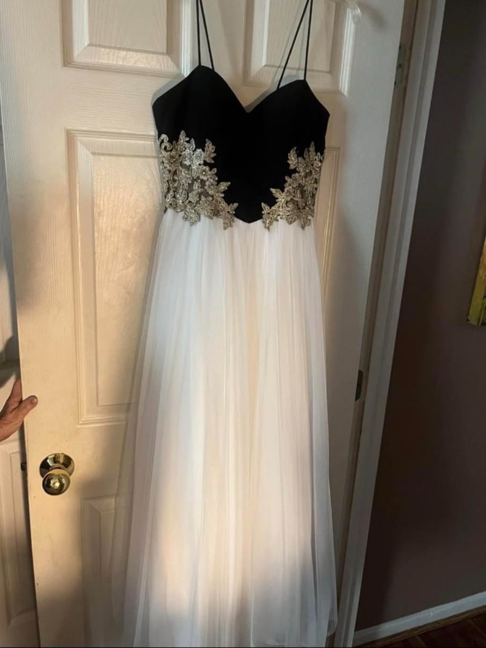 Blondie Nites Black & White Tulle Formal Gown with Gold Lace